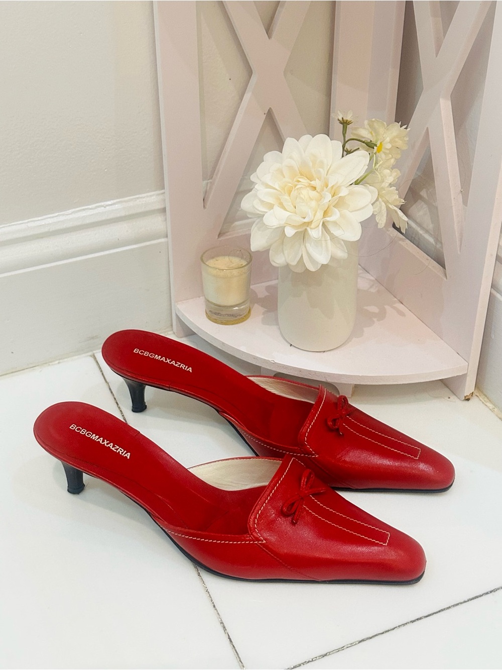 BCBGMaxAzria Red Leather Kitten Heel Mules with Bow-Knot
